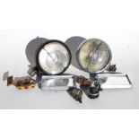 A pair of Desmo chrome rectangular A pillar rear view mirrors, two spot lamps, a callow meter and