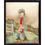 Early 19th century woolwork picture depicting a young man carrying a bushel of wheat, framed &