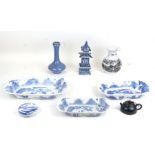 A graduated set of three Chinese blue & white dishes decorated with landscape scenes, the largest