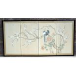 A pair of Chinese four-fold painted panels depicting birds and flowers, overall 120 by 62cms (47