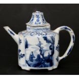 A Chinese Kangxi blue & white teapot decorated with figures, birds and flowers, 13cms (5ins) high.