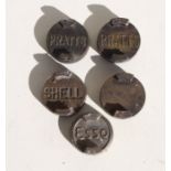 Five original brass 2 gallon petrol can caps, for ESSO, Pratts x 2, Shell and one un-named (5)