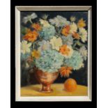 Joan M Lapworth - Blue Hydrangeas - oil on board, signed lower left, framed, 38 by 48cms (15 by