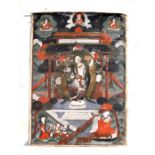 A Tibetan scroll painting with central deity figure and smaller figures in attendance, 42 by