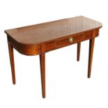 An Edwardian mahogany D-end side table with single frieze drawer, on tapering square legs, 115cms (