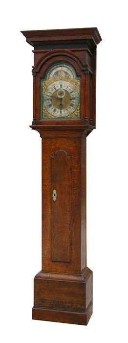 A longcase clock, the 30cm brass square arched dial with phase of the moon subsidiary seconds