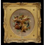 An early 19th century oval stumpwork picture depicting birds amongst flowering foliage, framed &