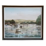 P G Dominic (modern British) - Estuary Scene with Boats to the Foreground - oil on board, signed