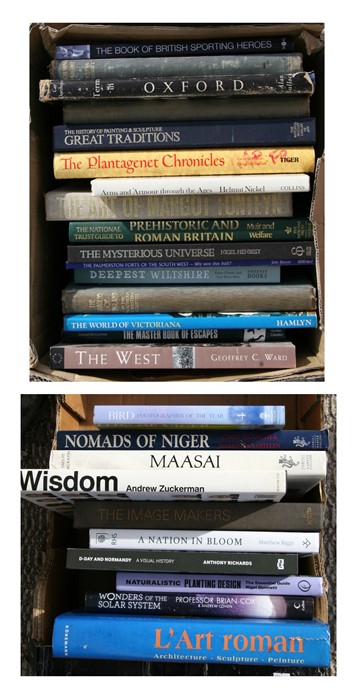 Two boxes containing assorted history, nature and art reference books to include Nichols (Helmut)