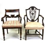 A Regency mahogany carver chair with upholstered seat, on turned front supports, together with