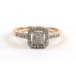 A 9ct gold diamond set ring stamped 9K, approx UK size 'O'.