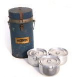 A vintage Thermos picnic canister with three internal aluminium food containers, 38cms (15ins)