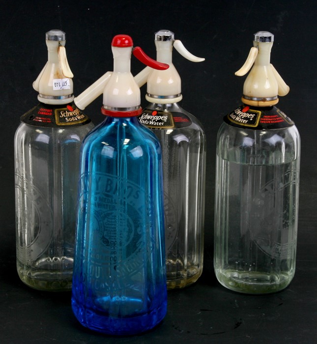 A Bellamy Bros Ltd blue glass soda syphon; together with three clear glass soda syphons (4).