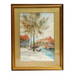 F van Vallen - a Dutch canal scene with figures to the foreground, watercolour, signed lower left,