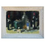20th century continental school - Still Life of Wine Bottles & Vases on a Table - abstract, oil on