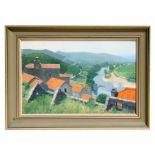 20th century Continental school - A Village Roof Scene with River & Mountains in the Distance -