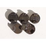 Five original brass 2 gallon petrol can caps, for Shell, Shell Mex, BP, Pratts and one un-named (5)