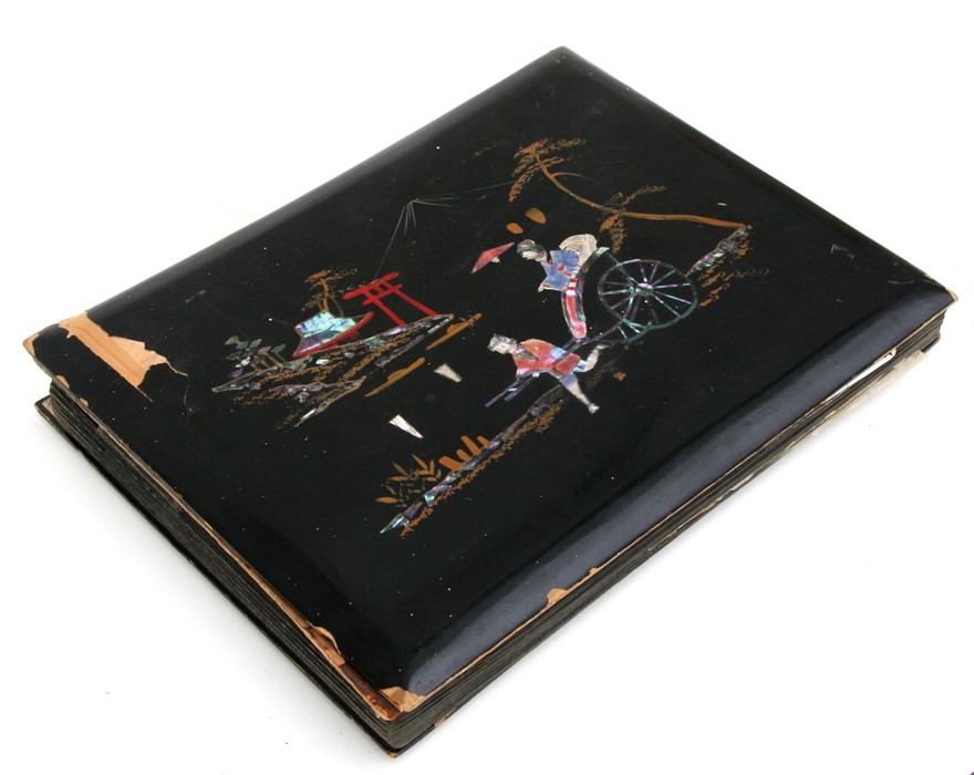 A 1930's black lacquer photograph album containing Japanese and Chinese black and white - Image 2 of 27