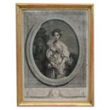 An 18th century engraving depicting Mademoiselle Arnold, framed & glazed, 35 by 49cms (13.75 by 19.