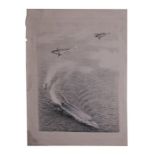In the style of Christopher Nevinson - Aircraft Circling a Ship - engraving, unframed, 23 by