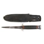 A William Rogers / Sykes Fairburn style Commando dagger in a leather sheath, 27.5cms (10.5ins)