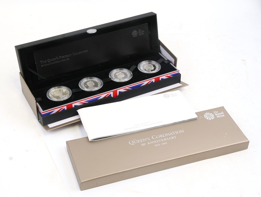 A Royal Mint Queen's Coronation 60th Anniversary £5 silver proof four coin set, boxed.