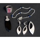 A silver & onyx pendant; together with a silver & mother of pearl pendant; and other silver