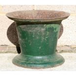 A large George III green painted iron mortar, 38cms (15ins) diameter.