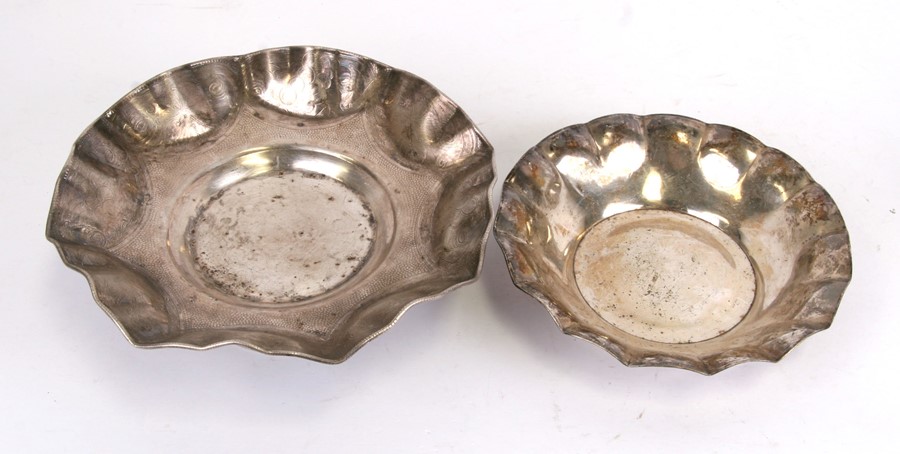 A white metal bowl on stand; together with a similar silver plated bowl, the largest 25cms (9.75ins) - Image 2 of 2