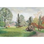 Modern British - Landscape Scene with Church and Figures in the Distance - oil on canvas,
