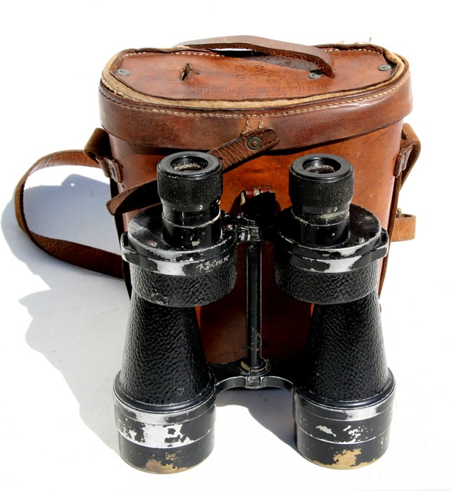 A pair of WWII Ross binoculars, number 22607, with soldier's name 'R Cruse' inscribed to the body;