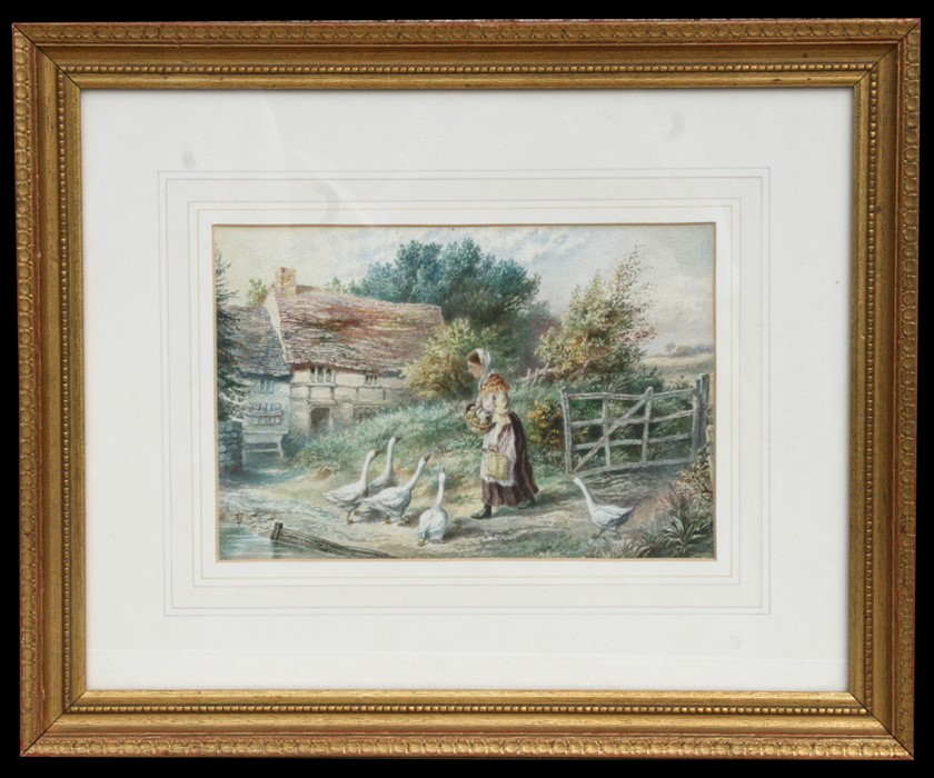 In the manner of Myles Birket Foster - A Young Girl Feeding Geese - watercolour, framed & glazed, 94