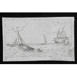 19th century English school - Sailing Boats - pen & ink, indistinctly signed, unframed, 13 by 7.5cms