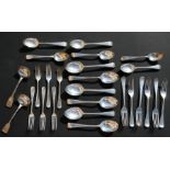 A six place setting silver plated Old English pattern service; together with a pair of ladles,