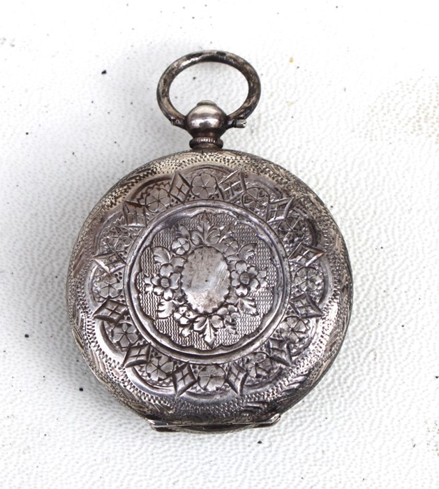 A silver cased open faced fob watch, the white enamel dial with Roman numerals and gilt - Image 2 of 2