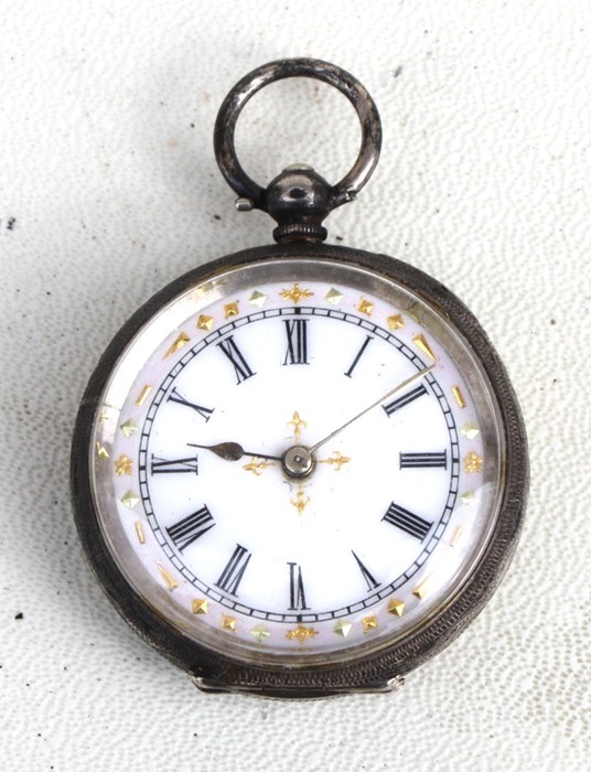 A silver cased open faced fob watch, the white enamel dial with Roman numerals and gilt
