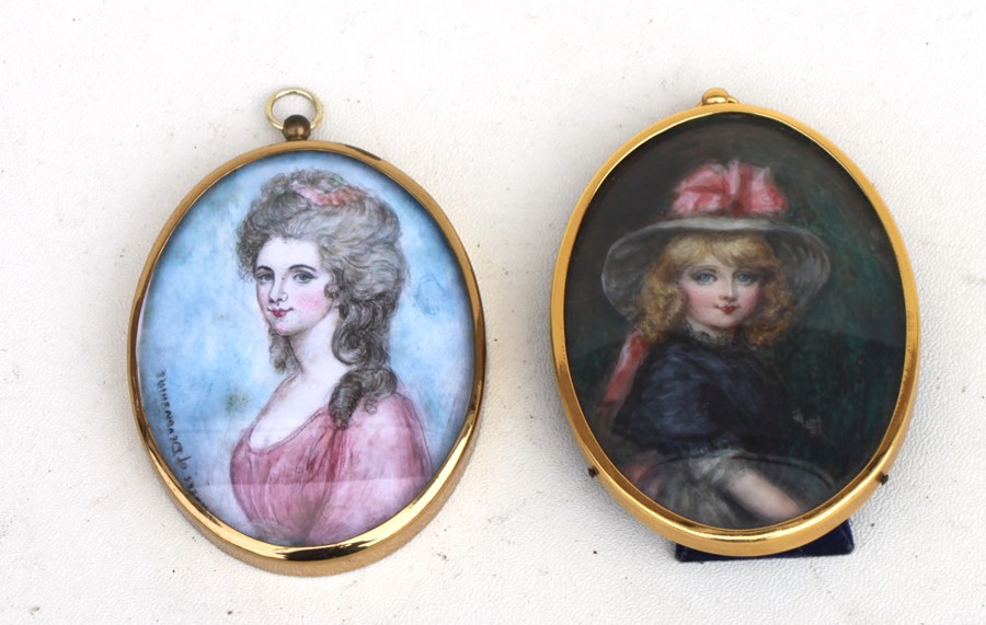 Two contemporary oval portrait miniature pictures depicting young ladies, each 7.5 by 9.5cms (3 by