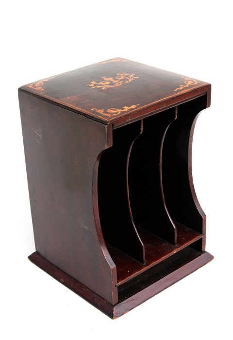 An Edwardian inlaid mahogany three-division letter rack, 20cms (8ins) wide.Condition ReportGood