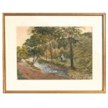 New Zealand school - Riverside Camp Scene - watercolour heightened with body colour, framed &