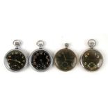 Four military issue open faced pocket watches (a/f).