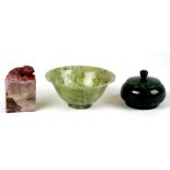 A Chinese jade / hardstone bowl, 10cms (4ins) diameter; together with a New Zealand jade pot and