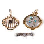 An Edwardian 9ct gold amethyst and pearl pendant, an Edwardian yellow metal turquoise and pearl