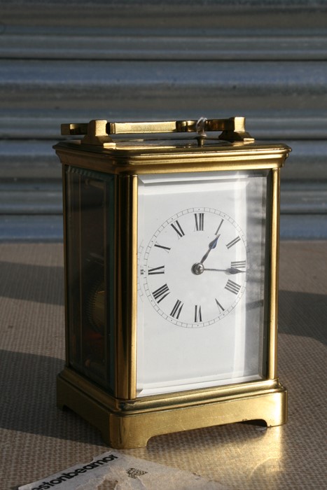 A brass cased repeater carriage clock, the white enamel dial with Roman numerals, the movement - Image 7 of 7