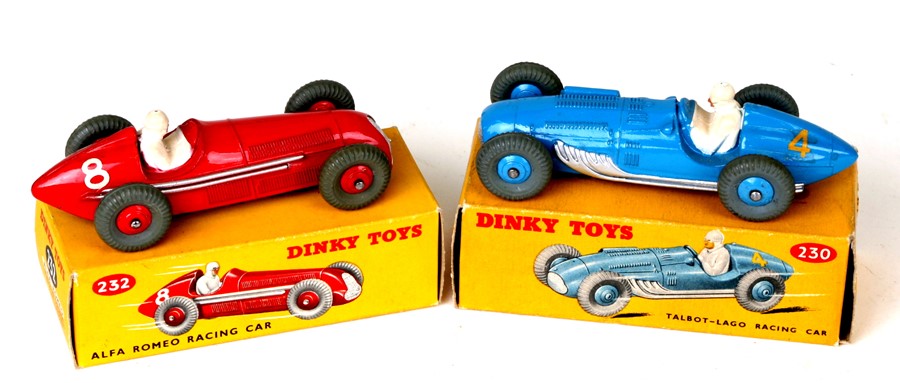 Two Dinky Toys diecast vehicles, Alfa Romeo No. 232 and Talbot Lago, No. 230, both boxed (2).