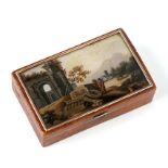 An 18th century burr wood snuff box with tortoiseshell lining and gilt metal mounts, the lid inset