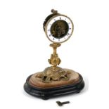 A 19th century French mantle clock with enamel chapter ring with blue Roman numerals, drum