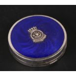 A Gieves Ltd. silver and blue guilloche enamel compact with applied Naval badge. 5cm (2 ins)