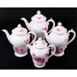 Three Coalport Divinity Pink pattern teapots and a matching water jug, the largest 22cm ( 8.75
