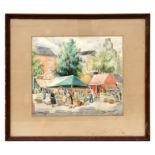 Raymond Malstrom - The Market Place, Dinnard - watercolour, label to verso, framed & glazed, 47 by