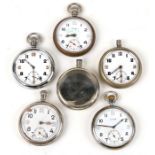 Five military issue open faced pocket watches; together with a pocket watch case.